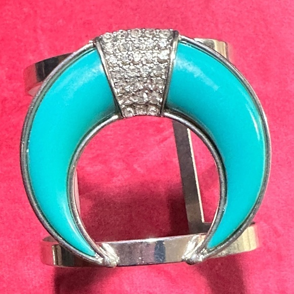 CUFF BRACELET Horn Shape Silver-Tone Pave Crystal Glass Faux Turquoise 5494 P - Picture 4 of 11
